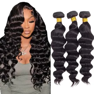Brazilian Virgin Hair Loose Deep Wave Bundles - Human Hair Weave, Natural Black Color (10, 12, 14)