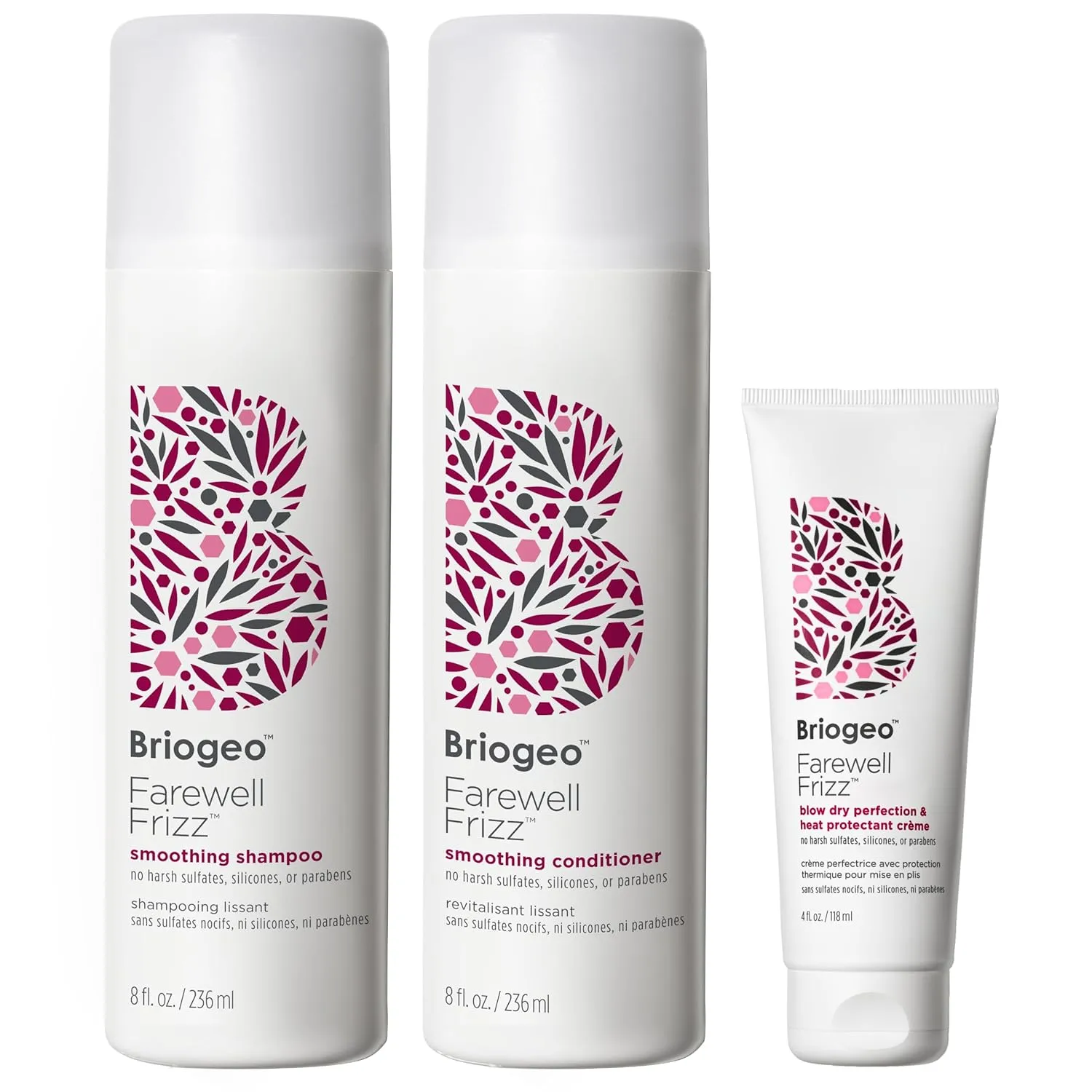 Briogeo Frizz Farewell Trio, Includes 8oz Smoothing Shampoo   Conditioner, 4oz Blow Dry Perfection Crème, Tames Frizz and Restores Shine for Dry Hair, Vegan, Cruelty-Free