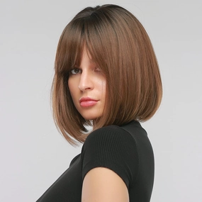 Brown Bob Wig for Women Short Straight Ombre Brown Wigs with Bangs Short Bob Wig Heat Resistant Synthetic Wigs(Ombre Brown)