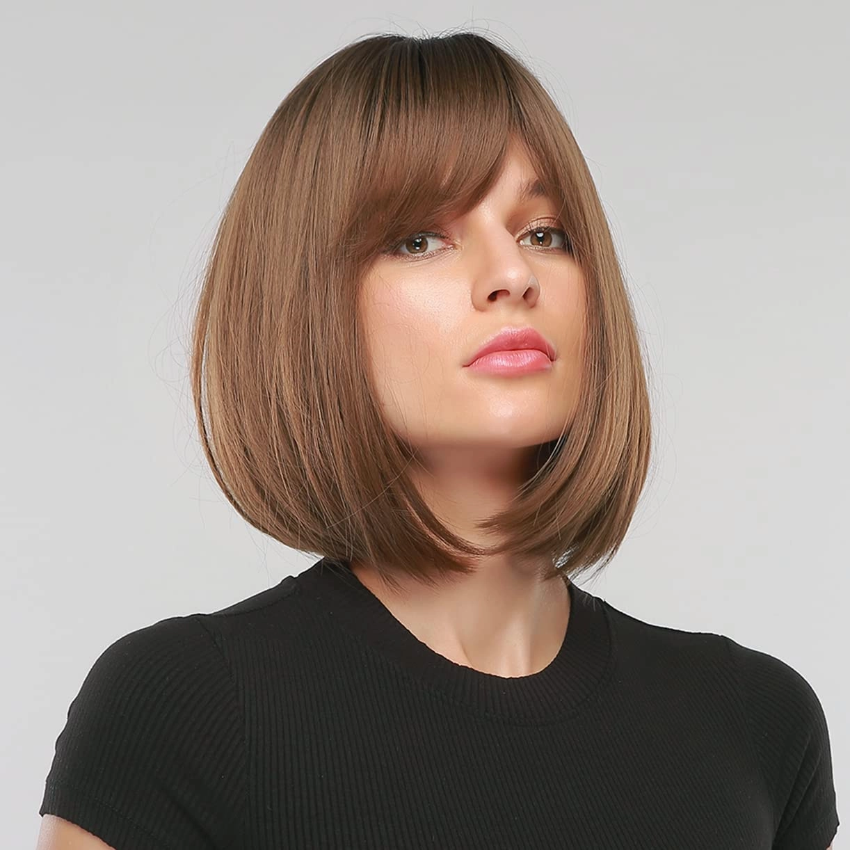 Brown Bob Wig for Women Short Straight Ombre Brown Wigs with Bangs Short Bob Wig Heat Resistant Synthetic Wigs(Ombre Brown)