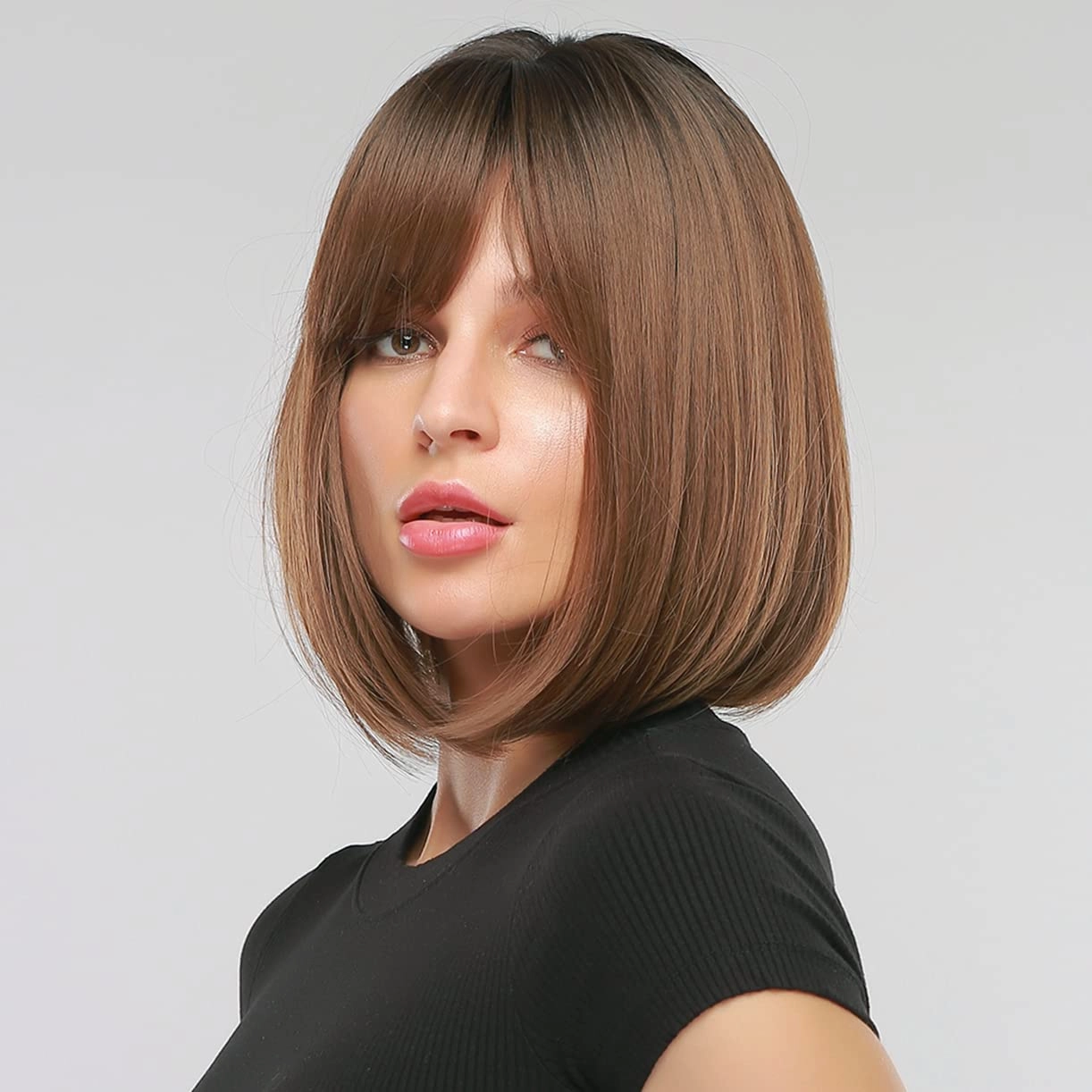 Brown Bob Wig for Women Short Straight Ombre Brown Wigs with Bangs Short Bob Wig Heat Resistant Synthetic Wigs(Ombre Brown)