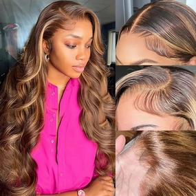 Brown Body Wavy 13x4 HD Lace Frontal Wig for Black Women Long Pre Plucked Body Wavy Curly With Baby Hair Lace Front Synthetic Hair (B-Highlight Brown, 30Inch)