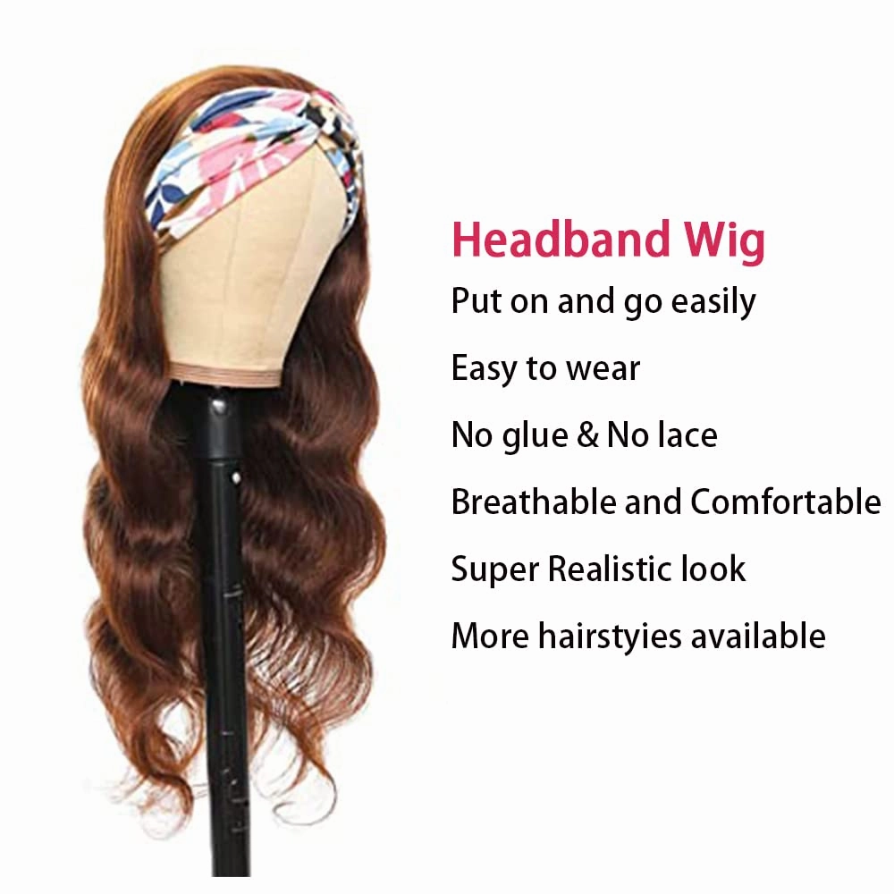 Brown Ombre Headband Wigs Human Hair Body Wave 1B30 Brown Headband Wigs Medium Auburn Wig 130% Density Grade 8A Brazilian Remy Hair Machine Made Wig 22 Inch