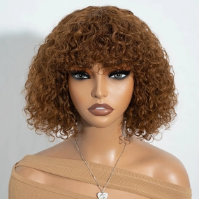 Brown Short Curly Wig with Bangs Human Hair for Women 10 inch Short Water Wave Curly Bob Wig Glueless Wig 150% Density (30#)