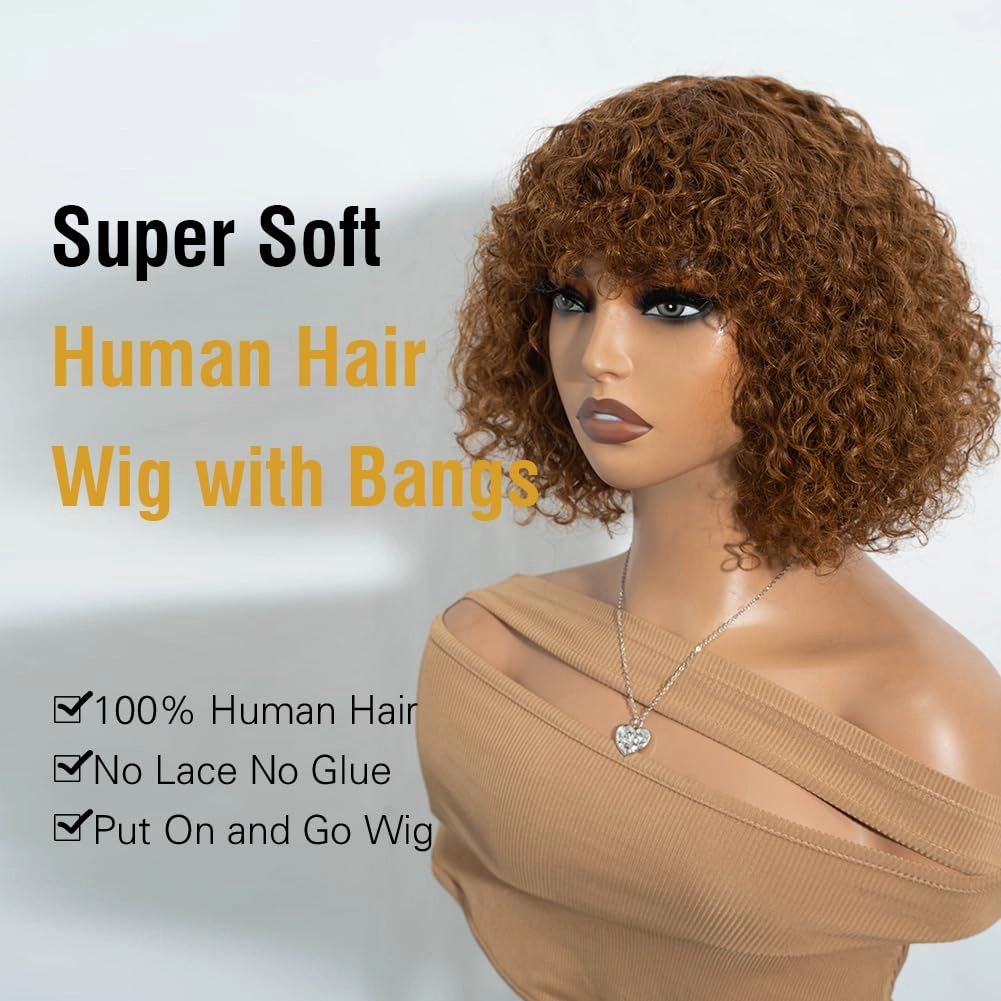 Brown Short Curly Wig with Bangs Human Hair for Women 10 inch Short Water Wave Curly Bob Wig Glueless Wig 150% Density (30#)