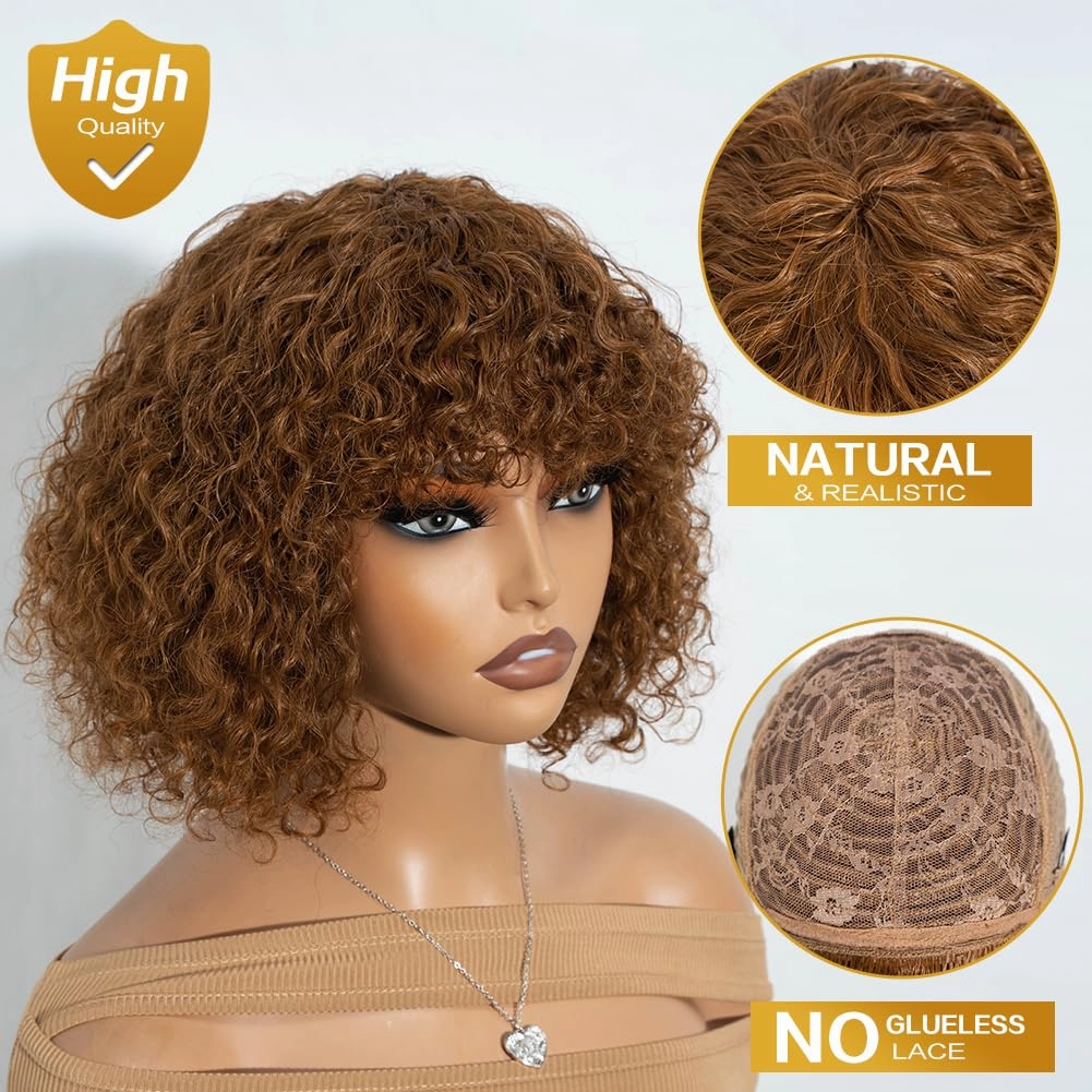 Brown Short Curly Wig with Bangs Human Hair for Women 10 inch Short Water Wave Curly Bob Wig Glueless Wig 150% Density (30#)