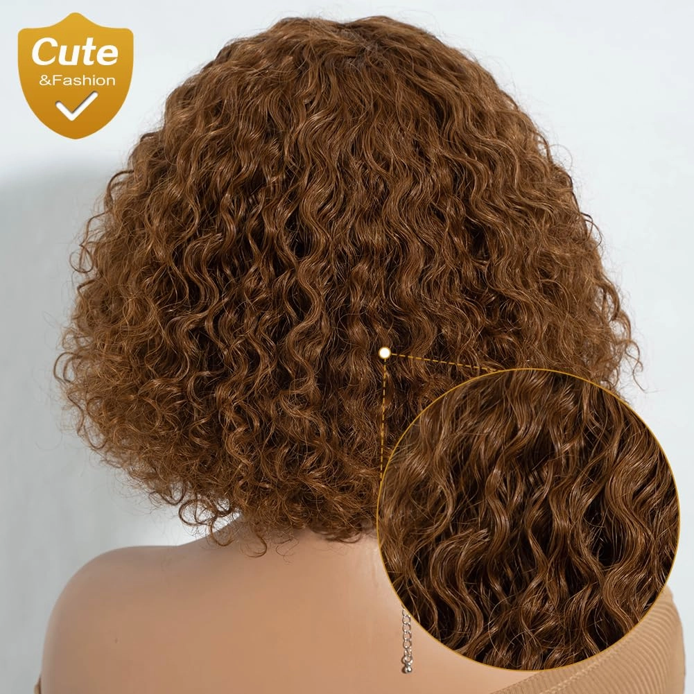 Brown Short Curly Wig with Bangs Human Hair for Women 10 inch Short Water Wave Curly Bob Wig Glueless Wig 150% Density (30#)