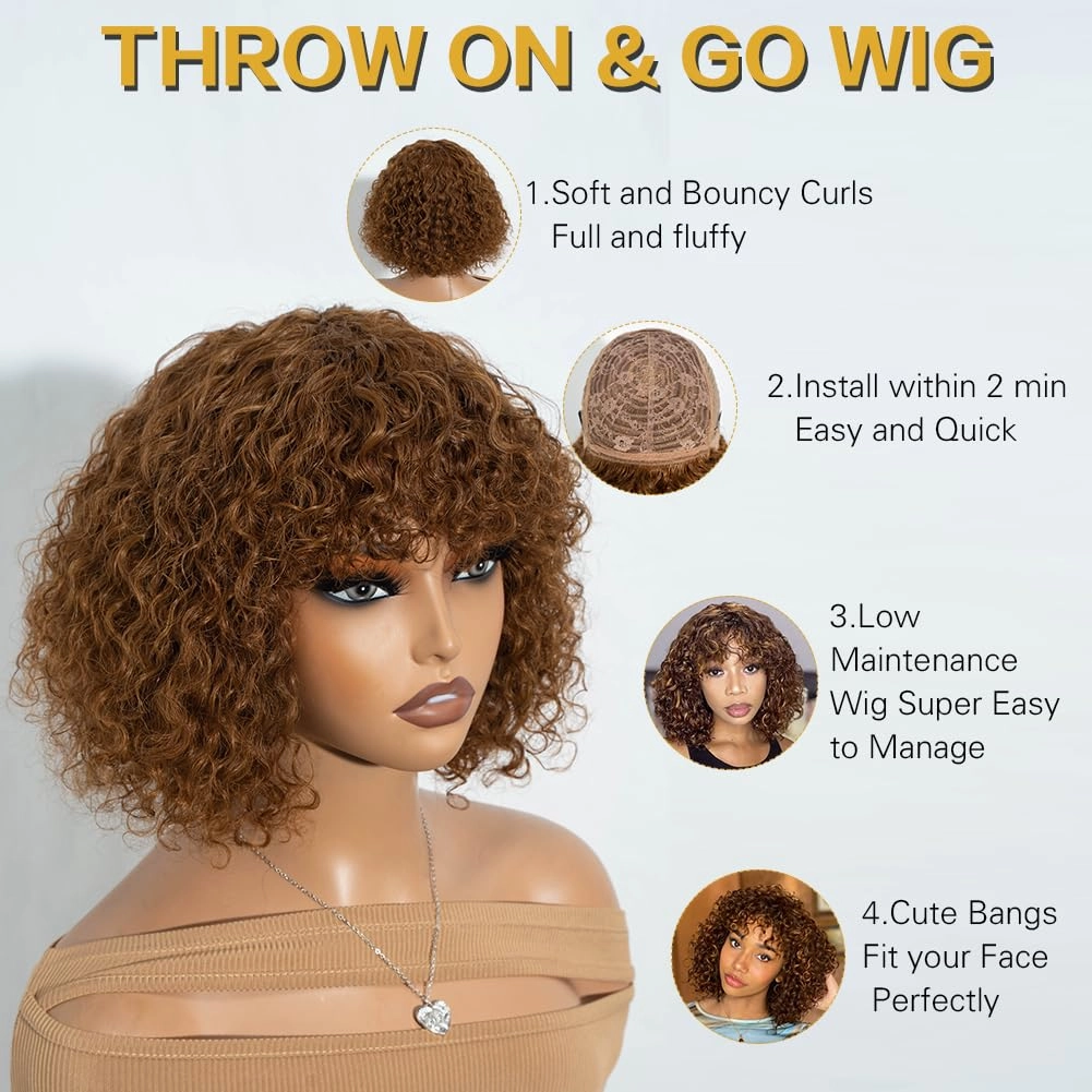 Brown Short Curly Wig with Bangs Human Hair for Women 10 inch Short Water Wave Curly Bob Wig Glueless Wig 150% Density (30#)