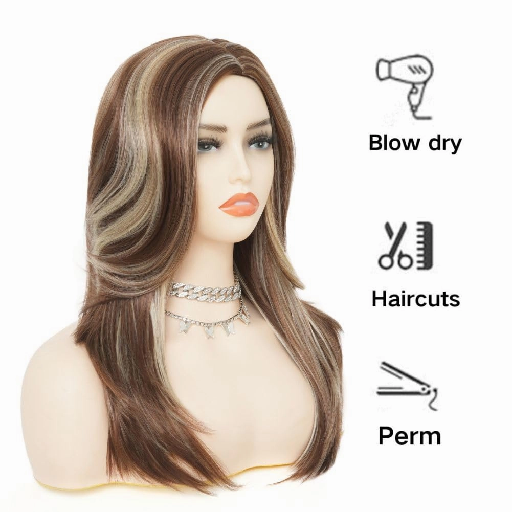 Brown Shoulder Length Wig for Women Mix Blonde Synthetic Hair Wig Natural Looking Heat Resistant Fiber Wigs for Daily Party Use