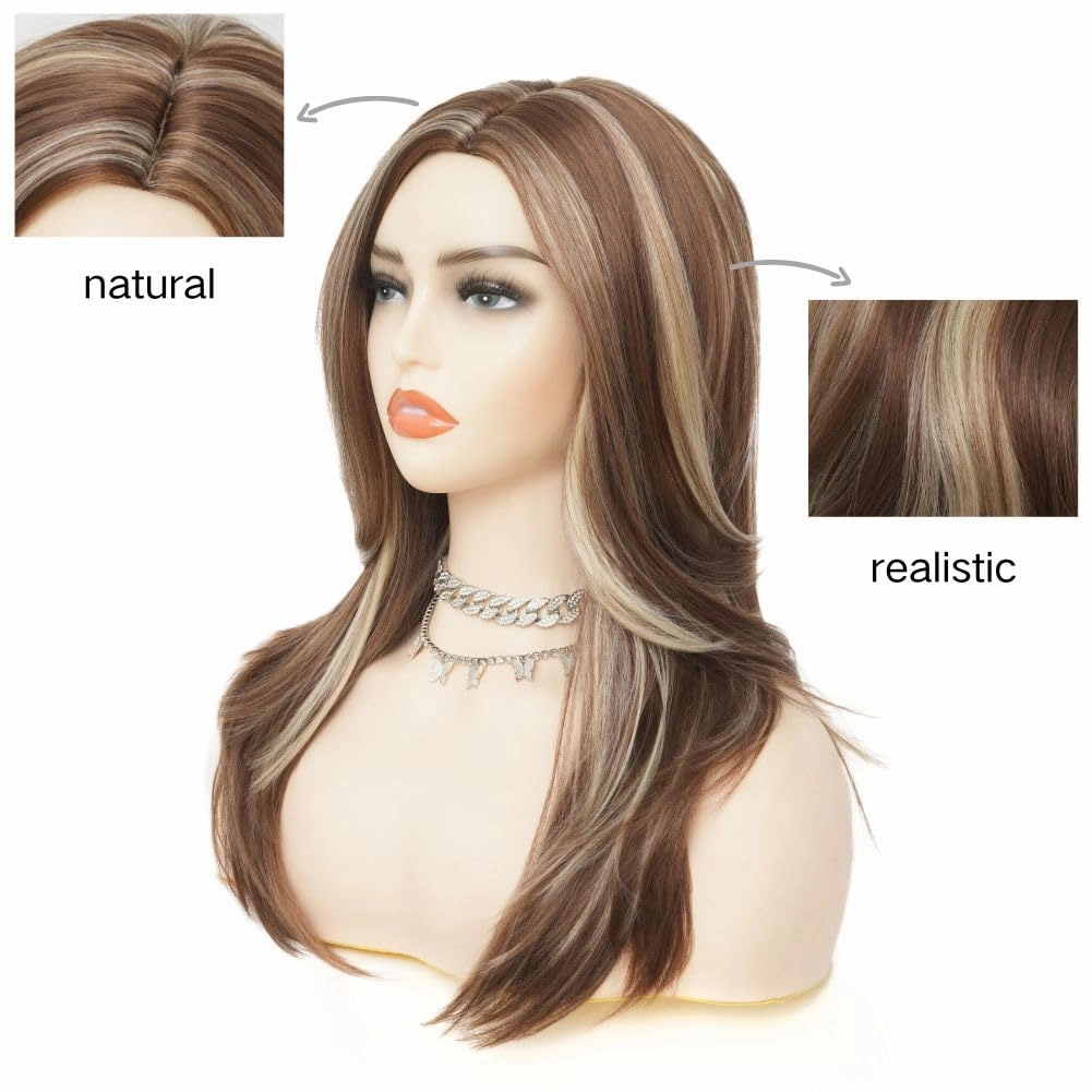 Brown Shoulder Length Wig for Women Mix Blonde Synthetic Hair Wig Natural Looking Heat Resistant Fiber Wigs for Daily Party Use