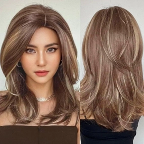 Brown Shoulder Length Wig for Women Mix Blonde Synthetic Hair Wig Natural Looking Heat Resistant Fiber Wigs for Daily Party Use