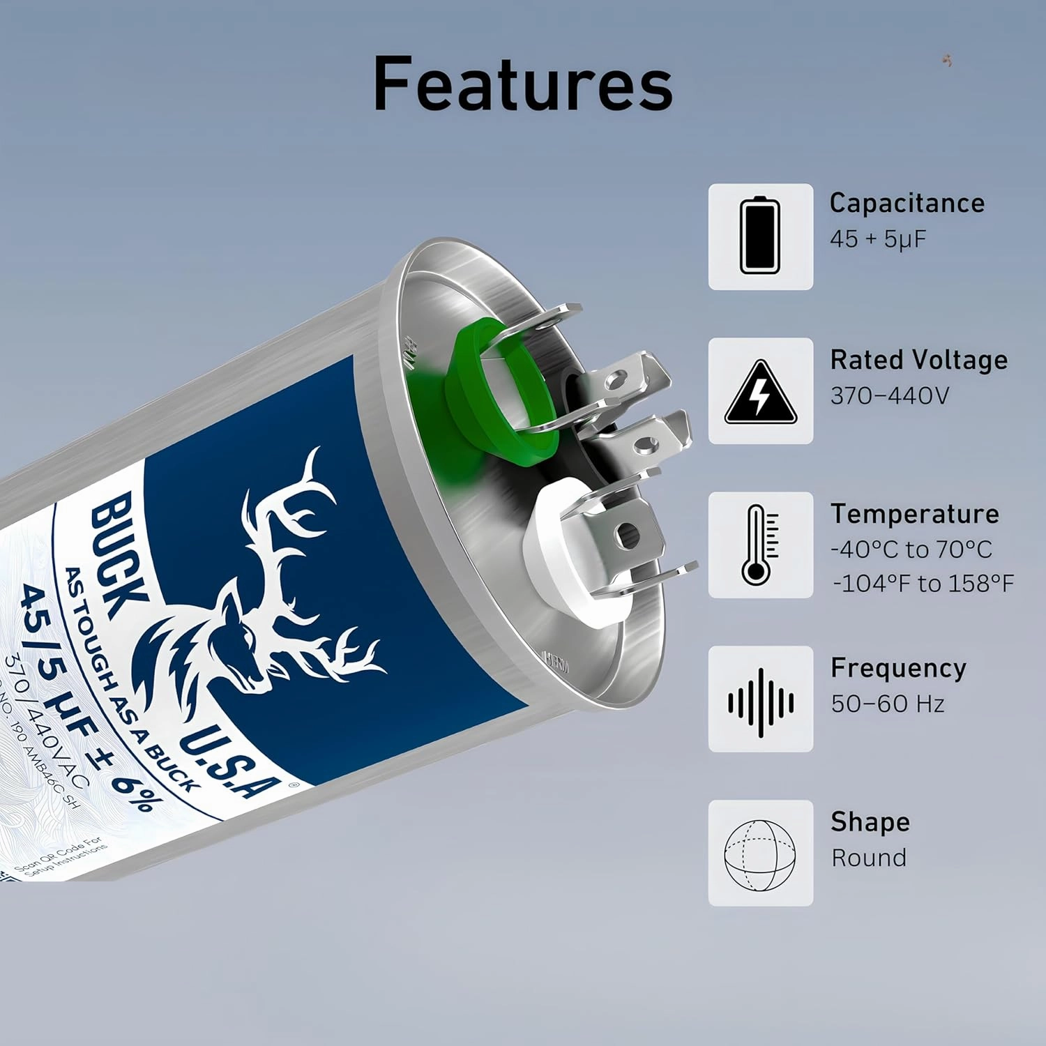 Buck 45 5uF 45/5 MFD ±6% CBB65B Dual Run Round Start Capacitor - Ideal for HVAC Systems, Air Conditioner Unit Fan Motor Start, Heat Pump, & Condenser Straight Cool Applications 370/440VAC 50/60Hz