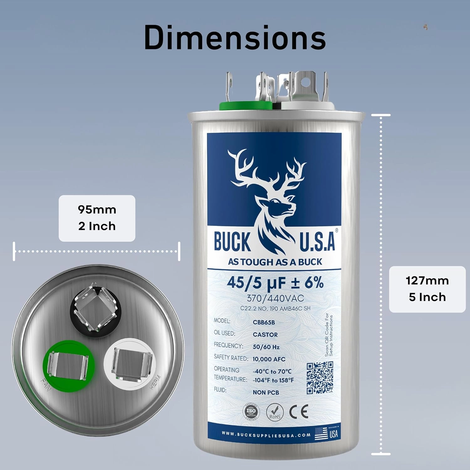 Buck 45 5uF 45/5 MFD ±6% CBB65B Dual Run Round Start Capacitor - Ideal for HVAC Systems, Air Conditioner Unit Fan Motor Start, Heat Pump, & Condenser Straight Cool Applications 370/440VAC 50/60Hz