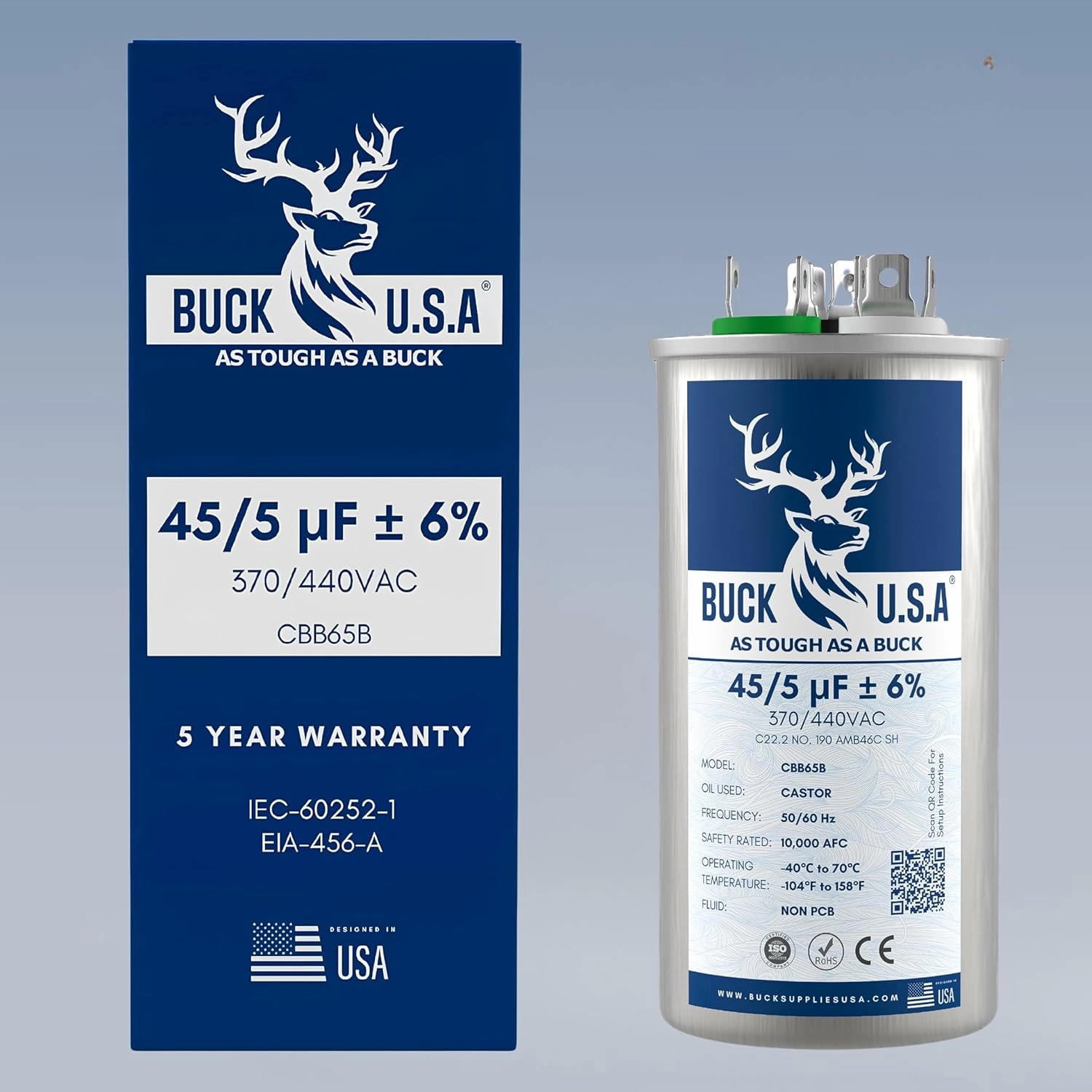 Buck 45 5uF 45/5 MFD ±6% CBB65B Dual Run Round Start Capacitor - Ideal for HVAC Systems, Air Conditioner Unit Fan Motor Start, Heat Pump, & Condenser Straight Cool Applications 370/440VAC 50/60Hz