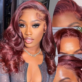 BUG Long Body Wave 4x4 Lace Front Wig for Black Women Long Lace Water Curly Burgundy Wig With Natural Hairline Synthetic Pre Plucked Pre Cut Wear and Go Glueless Wig (Burgundy)