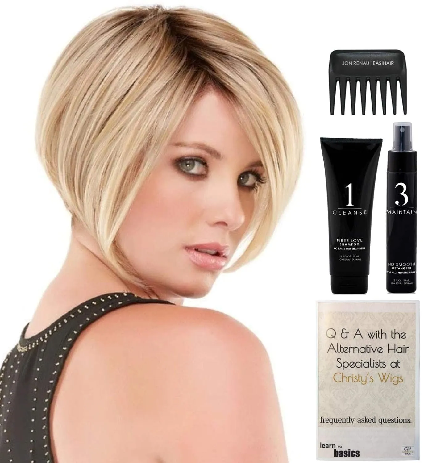 BUNDLE - 5 Items: Ignite AVERAGE SIZE Heat Friendly Synthetic Wig by Jon Renau, Christy's Wigs Q & A Booklet, HD Smooth Detangler, Synthetic Shampoo & Wide Tooth Comb - Color: 24B22