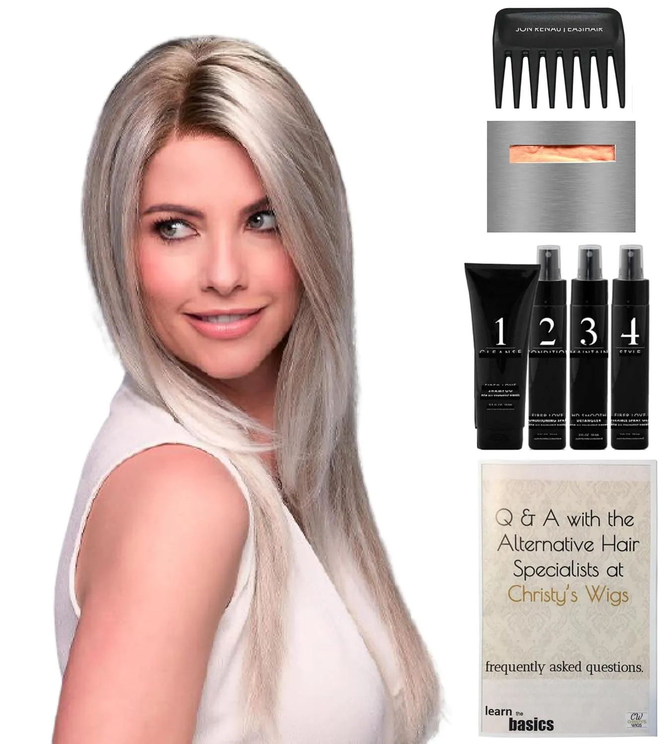 Bundle - 8 Items: Zara Lite by Jon Renau, Christy's Wigs Q & A Booklet, 2oz Travel Size Wig Shampoo, Conditioning Spray, Flexible Spray, HD Smooth, Wide Tooth Comb & Wig Cap - Color: FS24/102S12