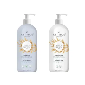 Bundle of ATTITUDE Extra Gentle and Volumizing Shampoo and Conditioner for Sensitive Skin Enriched with Oat, EWG Verified, Hypoallergenic, Vegan and Cruelty-free, Unscented, 32 Fl Oz