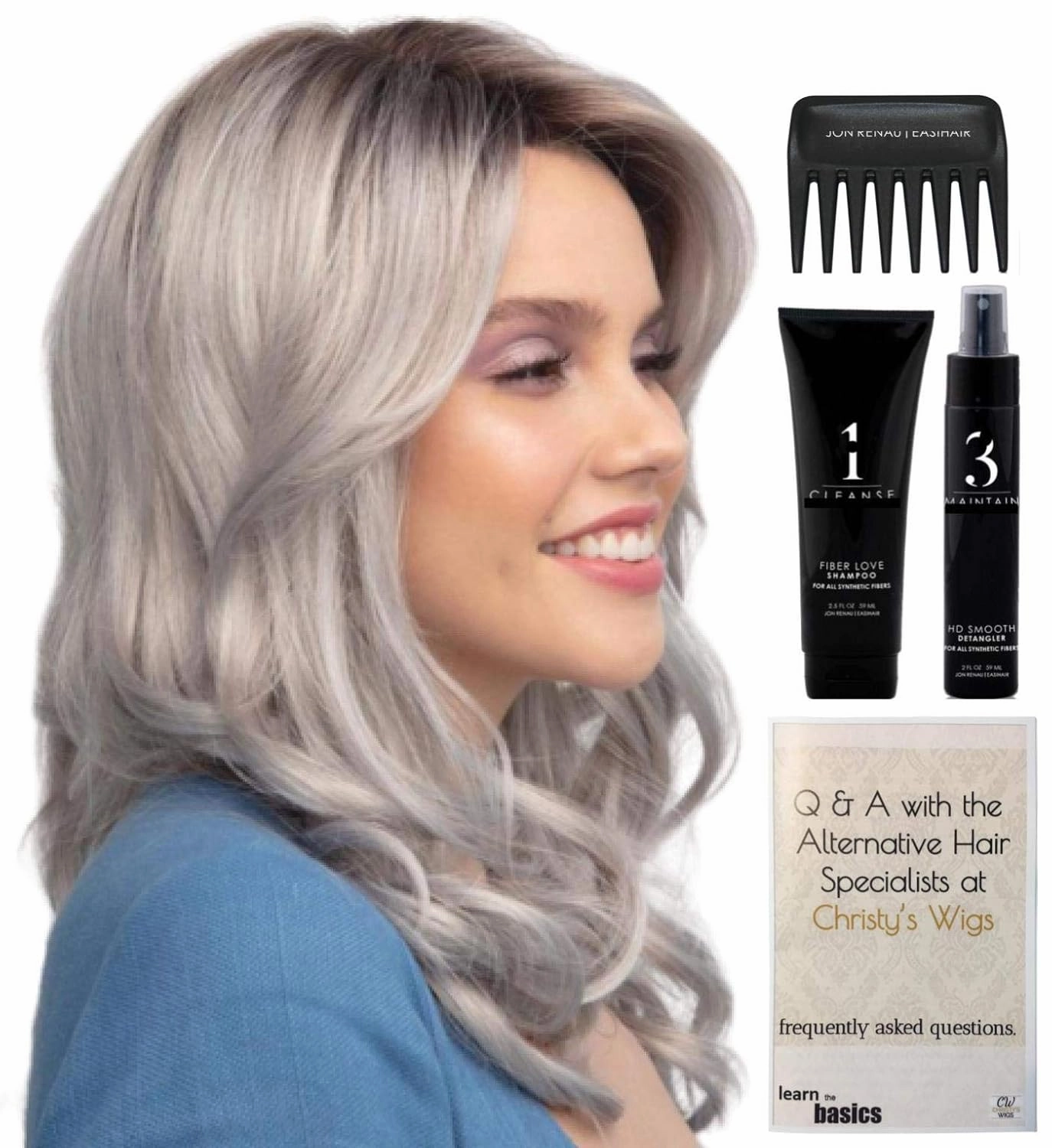 Bundle - 5 items: Ensley Wig by Rene Paris, Christy's Wigs Q & A Booklet, 2oz Travel Size Wig Shampoo, HD Smooth and Wide Tooth Comb - Color: Sepia