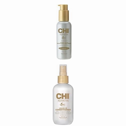 Bundle of CHI Keratin K-Trix 5 Smoothing Treatment, Hair Serum For Creating Smooth, Frizz-Free Styles, 3.92 Oz   CHI Keratin Leave-in Conditioner, Hydrating Conditioner For Restoring Softness, 6 Oz
