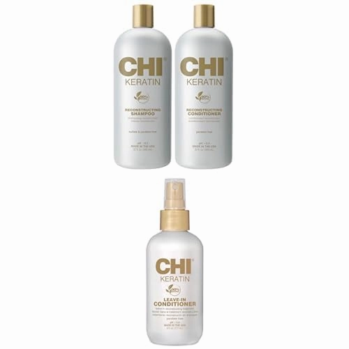 Bundle of CHI Moisturize It Duo Keratin Shampoo & Conditioner Set, 2 Bottles, 32 Oz & CHI Keratin Leave-in Conditioner, 6 Oz