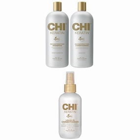 Bundle of CHI Moisturize It Duo Keratin Shampoo & Conditioner Set, 2 Bottles, 32 Oz & CHI Keratin Leave-in Conditioner, 6 Oz