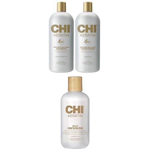 Bundle of CHI Moisturize It Duo Keratin Shampoo & Conditioner Set, Hydrating Formula, 2 Bottles, 32 Oz & CHI Keratin Silk Infusion, Hydrating Hair Serum For Restoring Softness & Shine, 6 Oz
