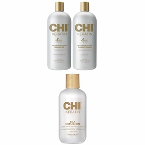 Bundle of CHI Moisturize It Duo Keratin Shampoo & Conditioner Set, Hydrating Formula, 2 Bottles, 32 Oz & CHI Keratin Silk Infusion, Hydrating Hair Serum For Restoring Softness & Shine, 6 Oz