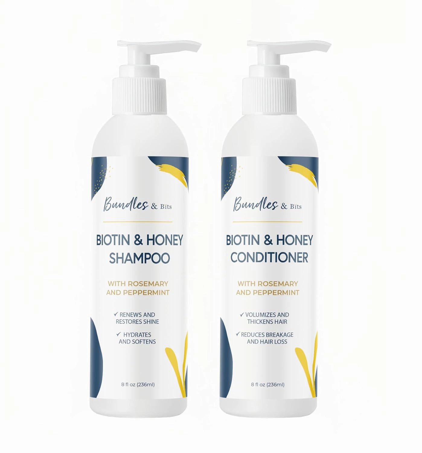 Bundles & Bits Biotin and Honey Volumizing Shampoo and Conditioner - for Thicker, Stronger, Healthier Hair - Regrowth, Thinning Hair, Anti-Hair Loss - 2 Pieces, 8oz each