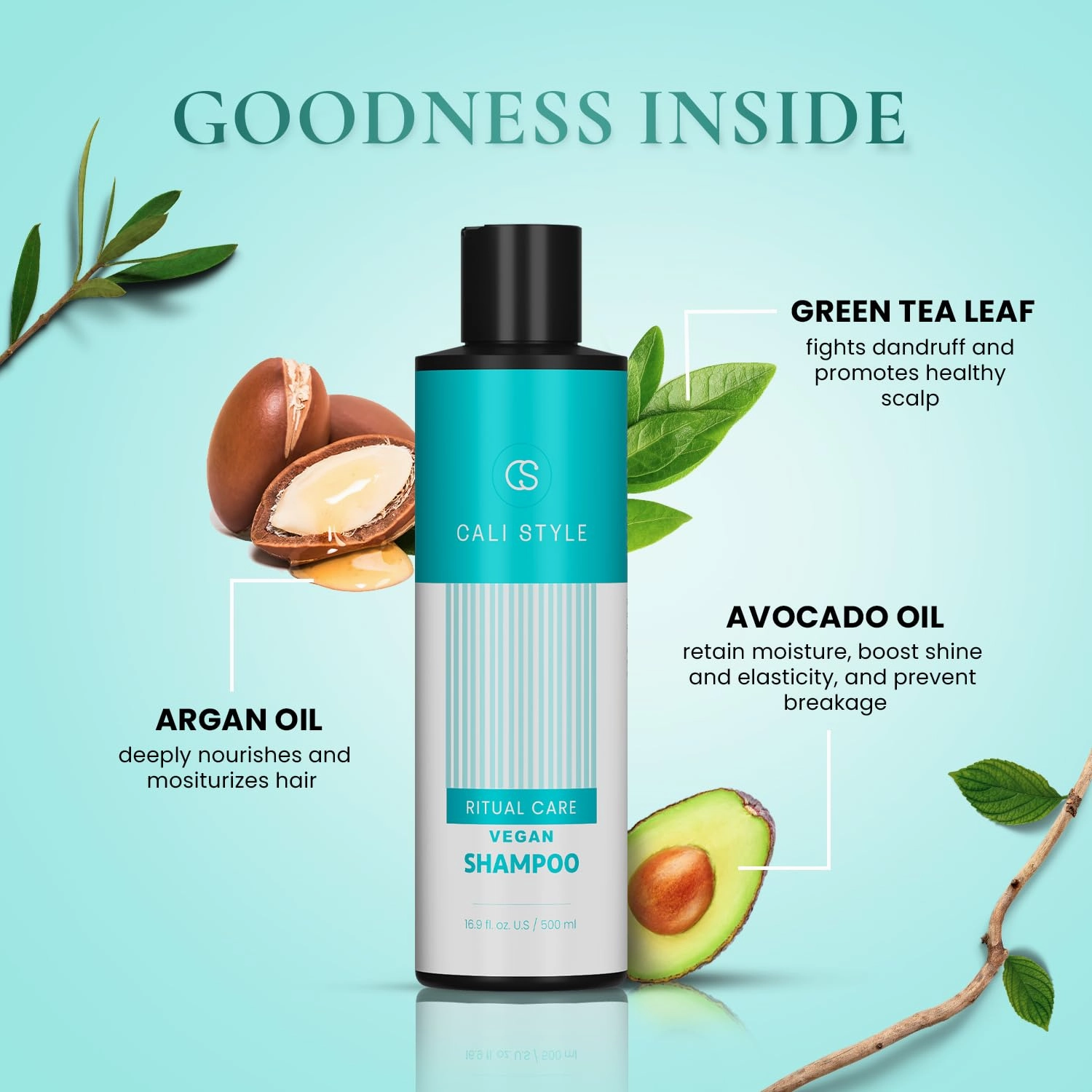Cali Style Ritual Care Vegan Shampoo | 5-in-1 Benefits - Nourishing, Moisturizing, Hydrating, Cleansing, and Volumizing | With Green Tea, Argan Oil & Keratin | Sulfate & Paraben-Free (16.9 Fl. Oz)