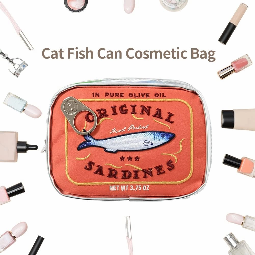 Canned Sardines Makeup Bag, Creative Cute Makeup Bags, Cosmetic Canned Fish Toiletry Bag (Orange)