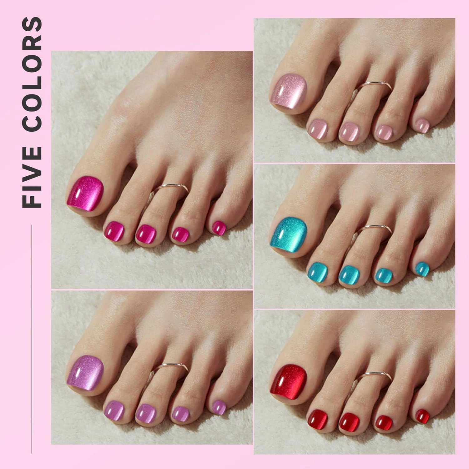 Cat Eye Toe Nail Press Ons Set, 5 Color Pastel Short Square Press on Toenails for Women, 120Pcs Nude Hot Pink Blue Purple Red Magnetic Gel Spring Summer Full Cover Glossy Acrylic Fake Toe Nails