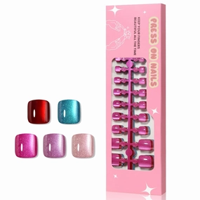 Cat Eye Toe Nail Press Ons Set, 5 Color Pastel Short Square Press on Toenails for Women, 120Pcs Nude Hot Pink Blue Purple Red Magnetic Gel Spring Summer Full Cover Glossy Acrylic Fake Toe Nails