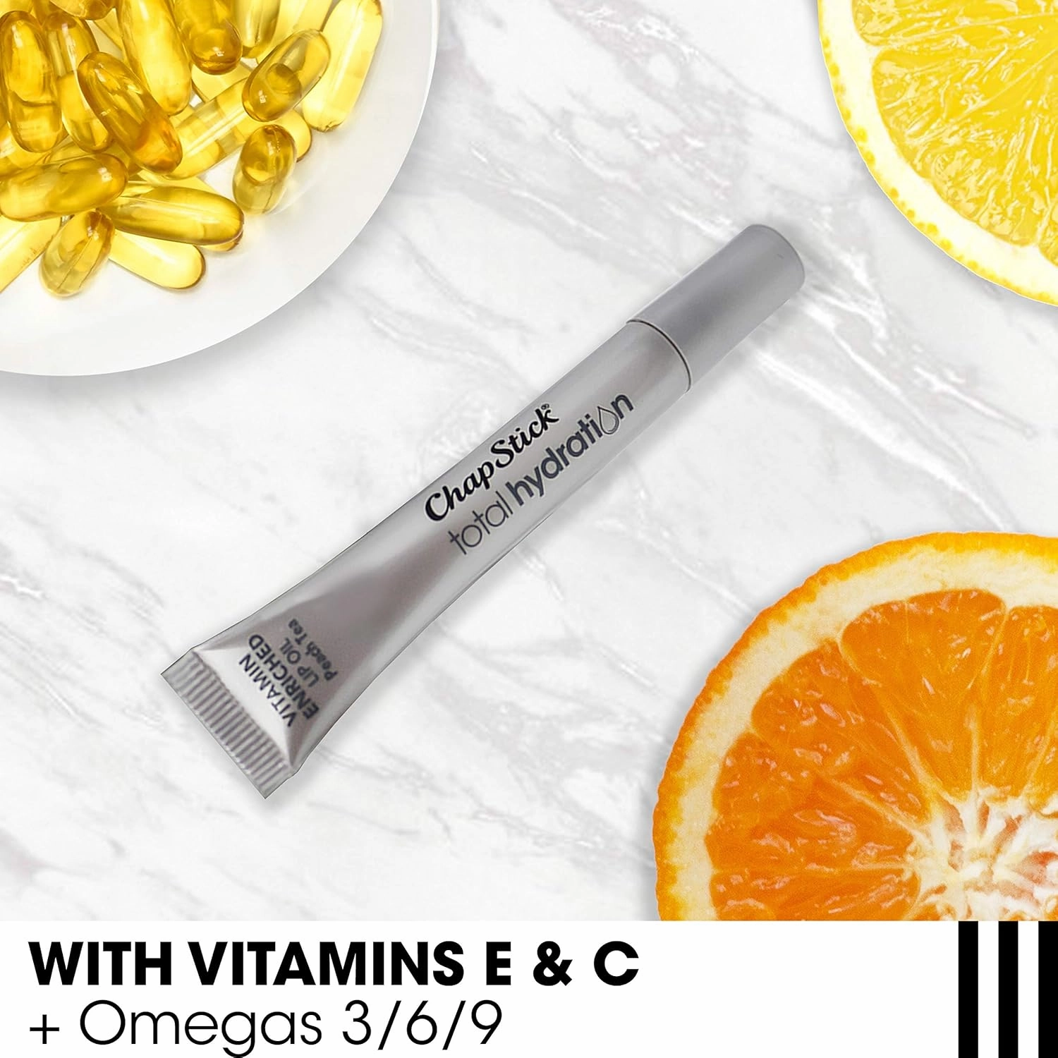 Chapstick Total Hydration Vitamin Enriched Lip Oil, Non Tinted, Vitamin c, vitamin E, Contains Omega 3 6 9, Peach Tea Flavor, 0.23 Fl Oz (Pack of 1)