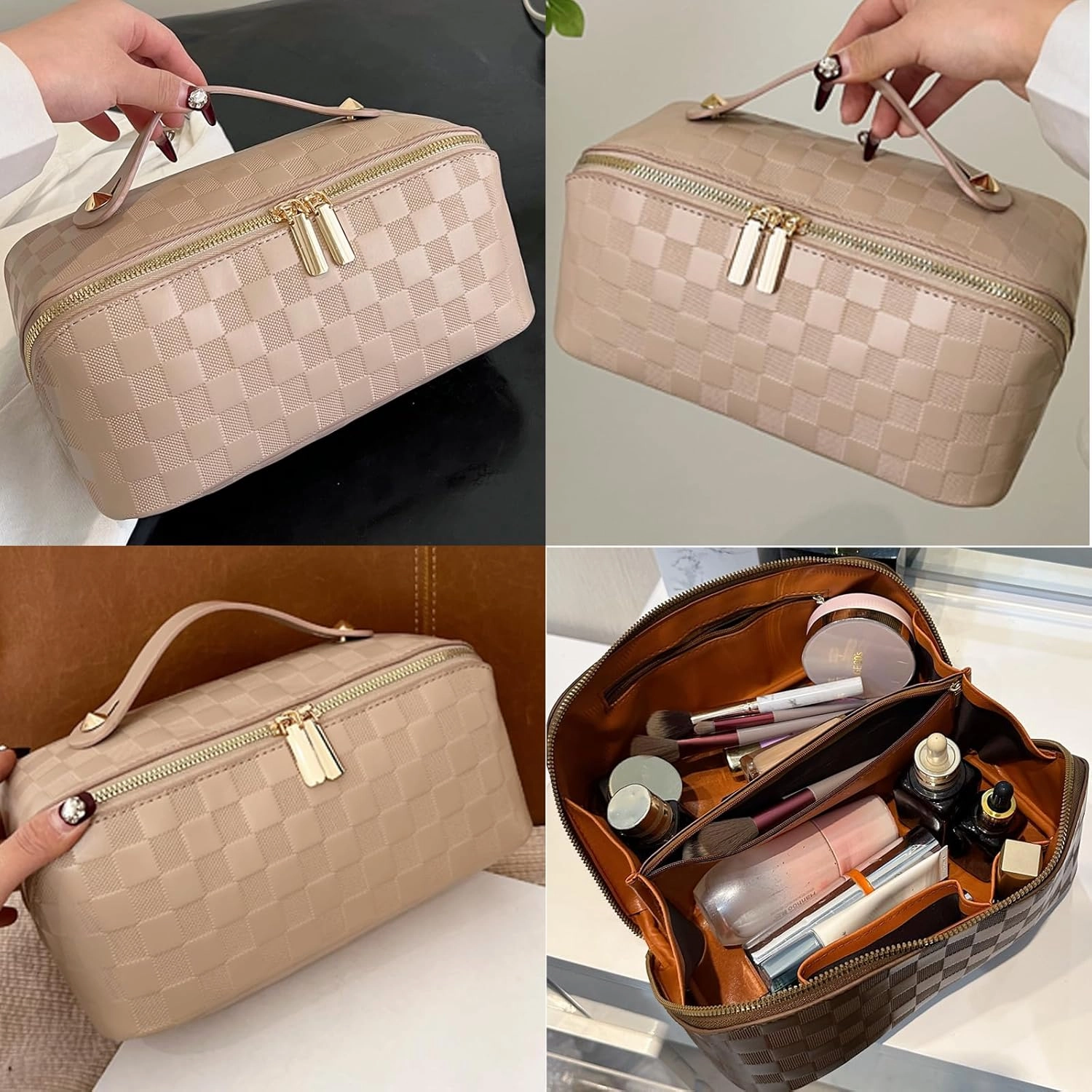 Checkered Makeup Bag Large Cosmetic Bag PU Leather Makeup Bag For Women Girls Travel Toiletry Bag With Handle Divider Large Opening Metal Zipper Cosmetic Bag (checkered khaki)
