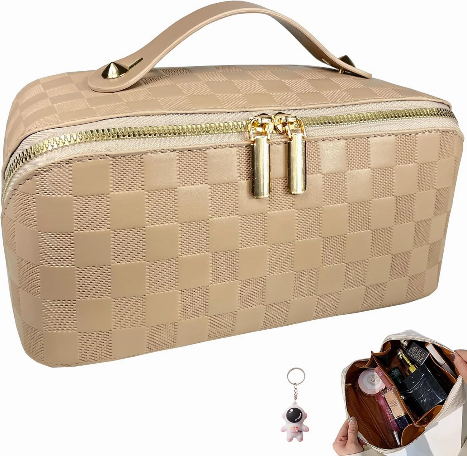 Checkered Makeup Bag Large Cosmetic Bag PU Leather Makeup Bag For Women Girls Travel Toiletry Bag With Handle Divider Large Opening Metal Zipper Cosmetic Bag (checkered khaki)