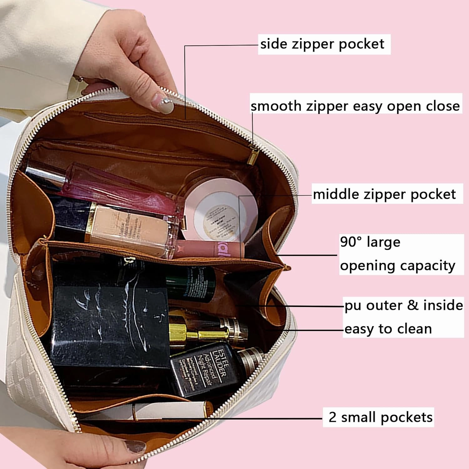 Checkered Makeup Bag Large Cosmetic Bag PU Leather Makeup Bag For Women Girls Travel Toiletry Bag With Handle Divider Large Opening Metal Zipper Cosmetic Bag (checkered khaki)