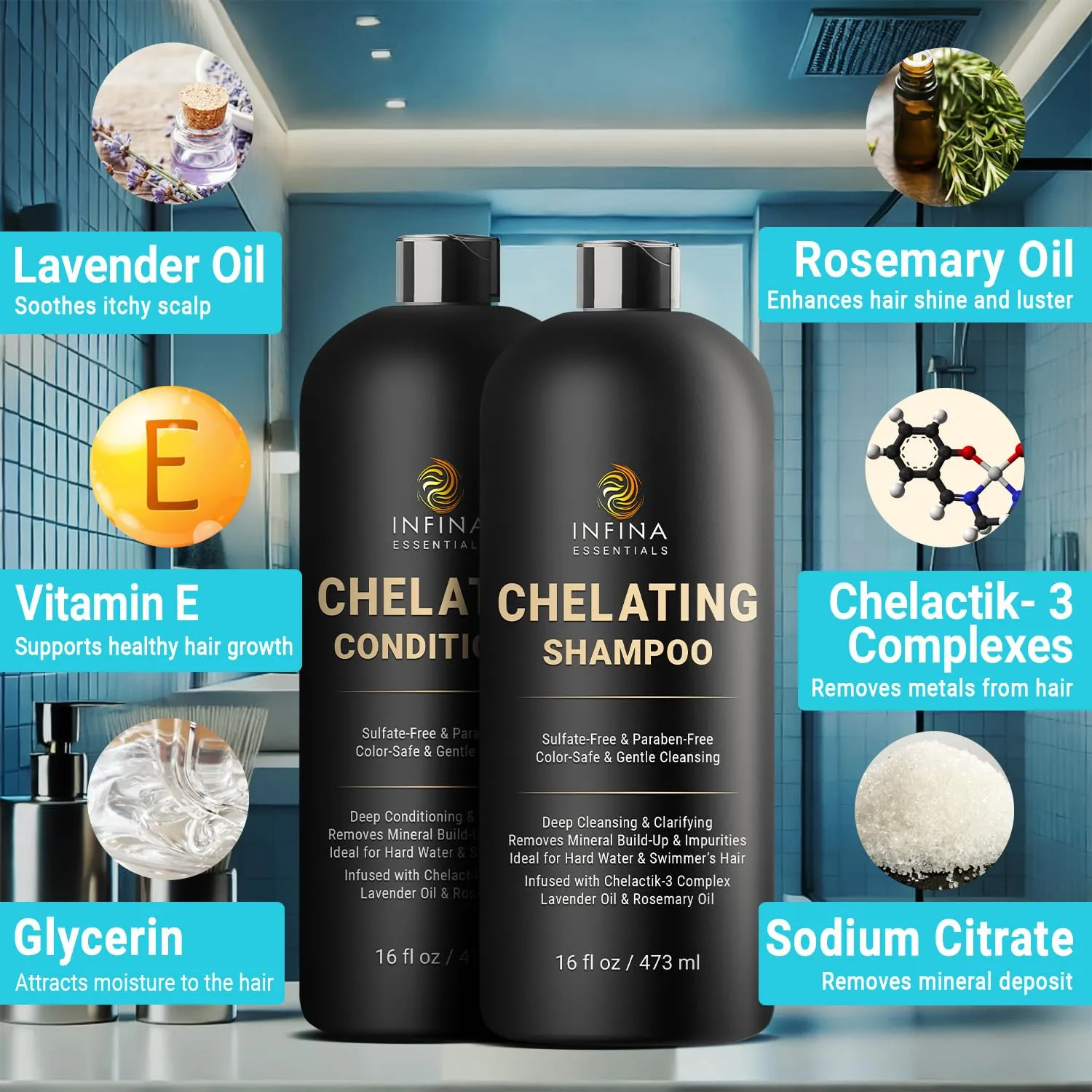 Chelating Hard Water Shampoo and Conditioner Set with Chelactik-3 & Rosemary Oil - Color Safe Metal Detox Shampoo and Conditioner for Mineral Build-Up & Swimmers Hair - 16 fl oz each