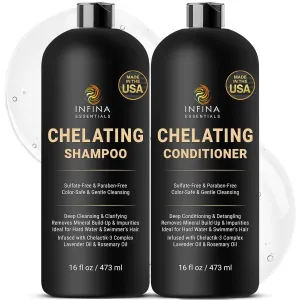 Chelating Hard Water Shampoo and Conditioner Set with Chelactik-3 & Rosemary Oil - Color Safe Metal Detox Shampoo and Conditioner for Mineral Build-Up & Swimmers Hair - 16 fl oz each