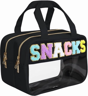 Chenille Letter Snack Bags Clear Makeup Bag, Preppy Clear Large Cosmetic Bag with Zipper, Waterproof Stuff Bag Travel Toiletry Bag Cosmetic Pouch for Women Girls (Black-SNACKS)