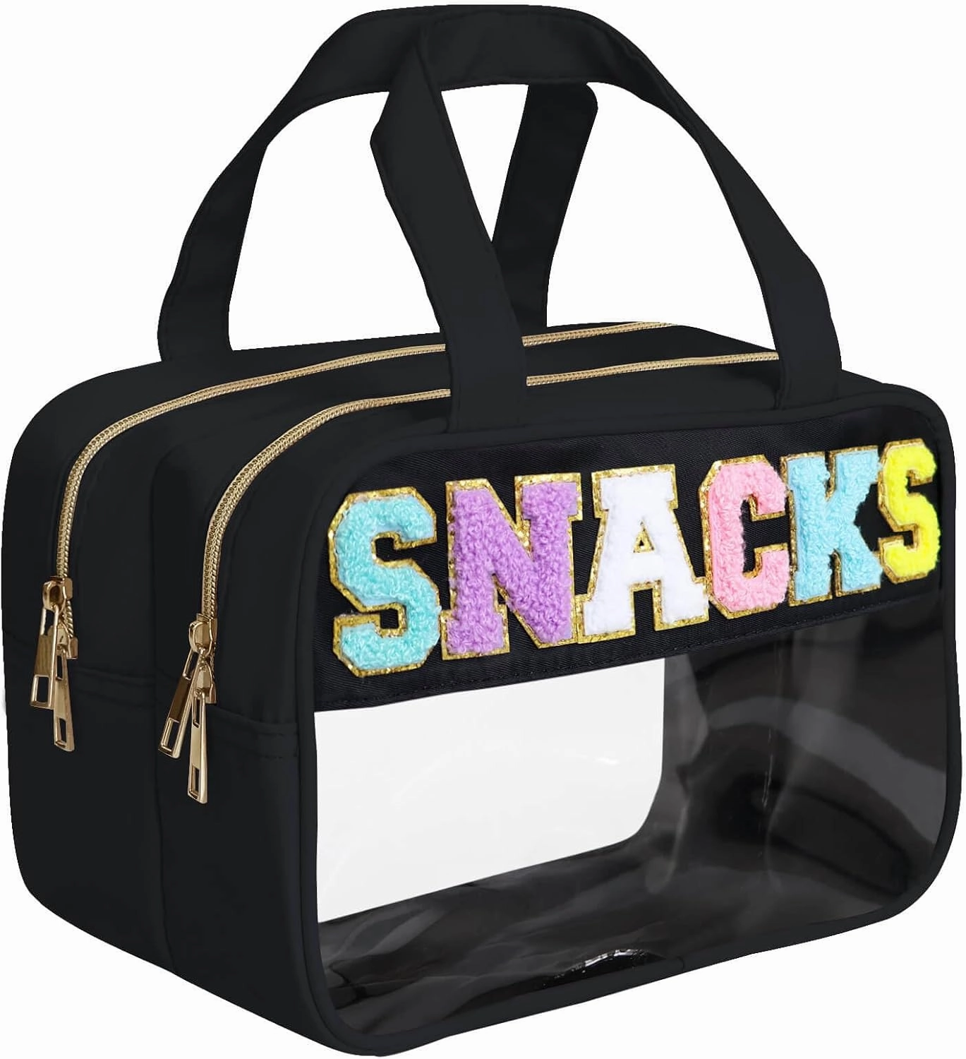 Chenille Letter Snack Bags Clear Makeup Bag, Preppy Clear Large Cosmetic Bag with Zipper, Waterproof Stuff Bag Travel Toiletry Bag Cosmetic Pouch for Women Girls (Black-SNACKS)