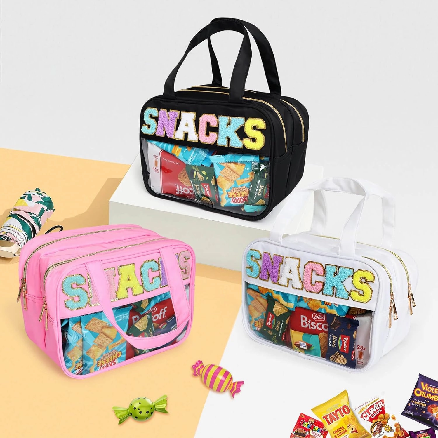 Chenille Letter Snack Bags Clear Makeup Bag, Preppy Clear Large Cosmetic Bag with Zipper, Waterproof Stuff Bag Travel Toiletry Bag Cosmetic Pouch for Women Girls (Black-SNACKS)