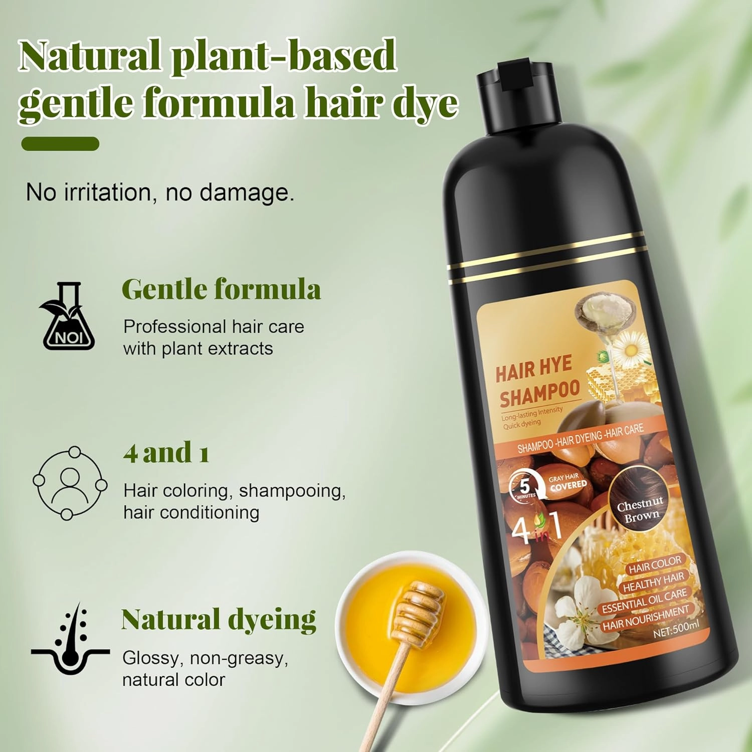 Chestnut Brown Hair Dye Shampoo 3 in 1 for Women & Men 100% Gray Hair Coverage - Herbal Ingredients Natural Plant Hair Color - Hair Dye in Minutes 17.6 Fl Oz