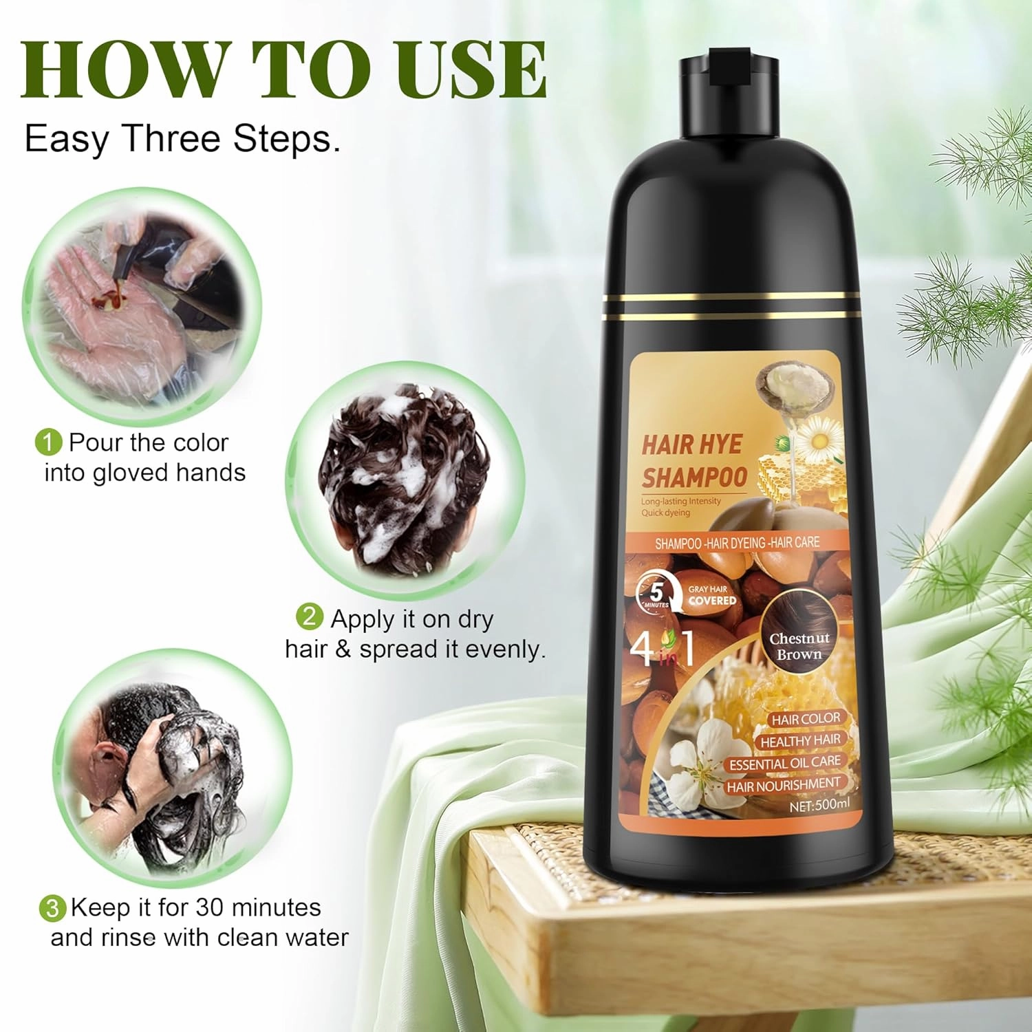 Chestnut Brown Hair Dye Shampoo 3 in 1 for Women & Men 100% Gray Hair Coverage - Herbal Ingredients Natural Plant Hair Color - Hair Dye in Minutes 17.6 Fl Oz