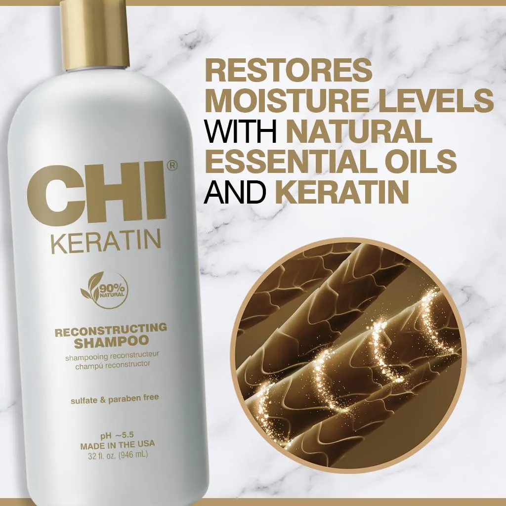 CHI Keratin Reconstructing Shampoo, Delivers Healthier Hair, Adds Shine & Helps Prevent Future Breakage, Sulfate, Paraben, & Cruelty-Free, 32 Oz