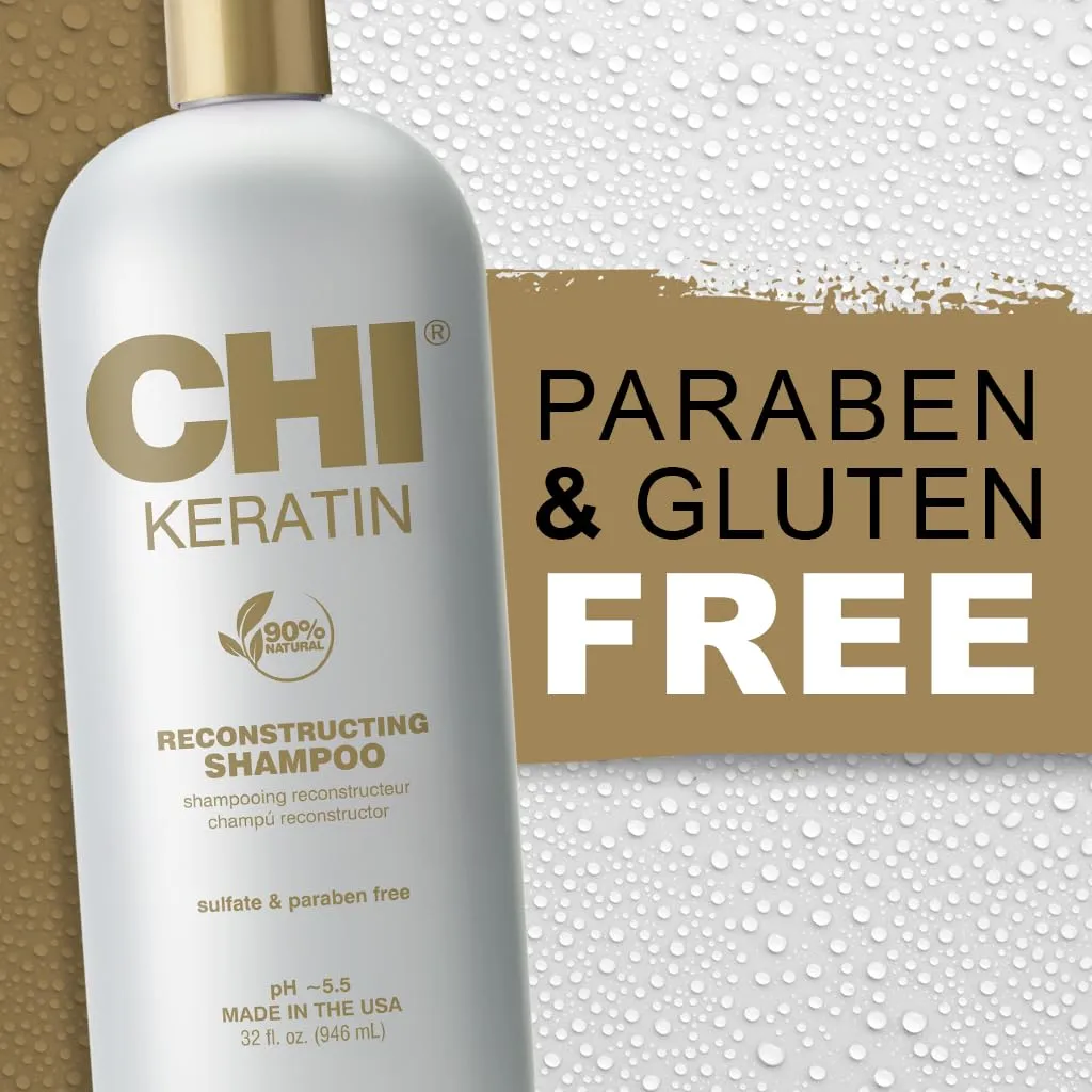 CHI Keratin Reconstructing Shampoo, Delivers Healthier Hair, Adds Shine & Helps Prevent Future Breakage, Sulfate, Paraben, & Cruelty-Free, 32 Oz
