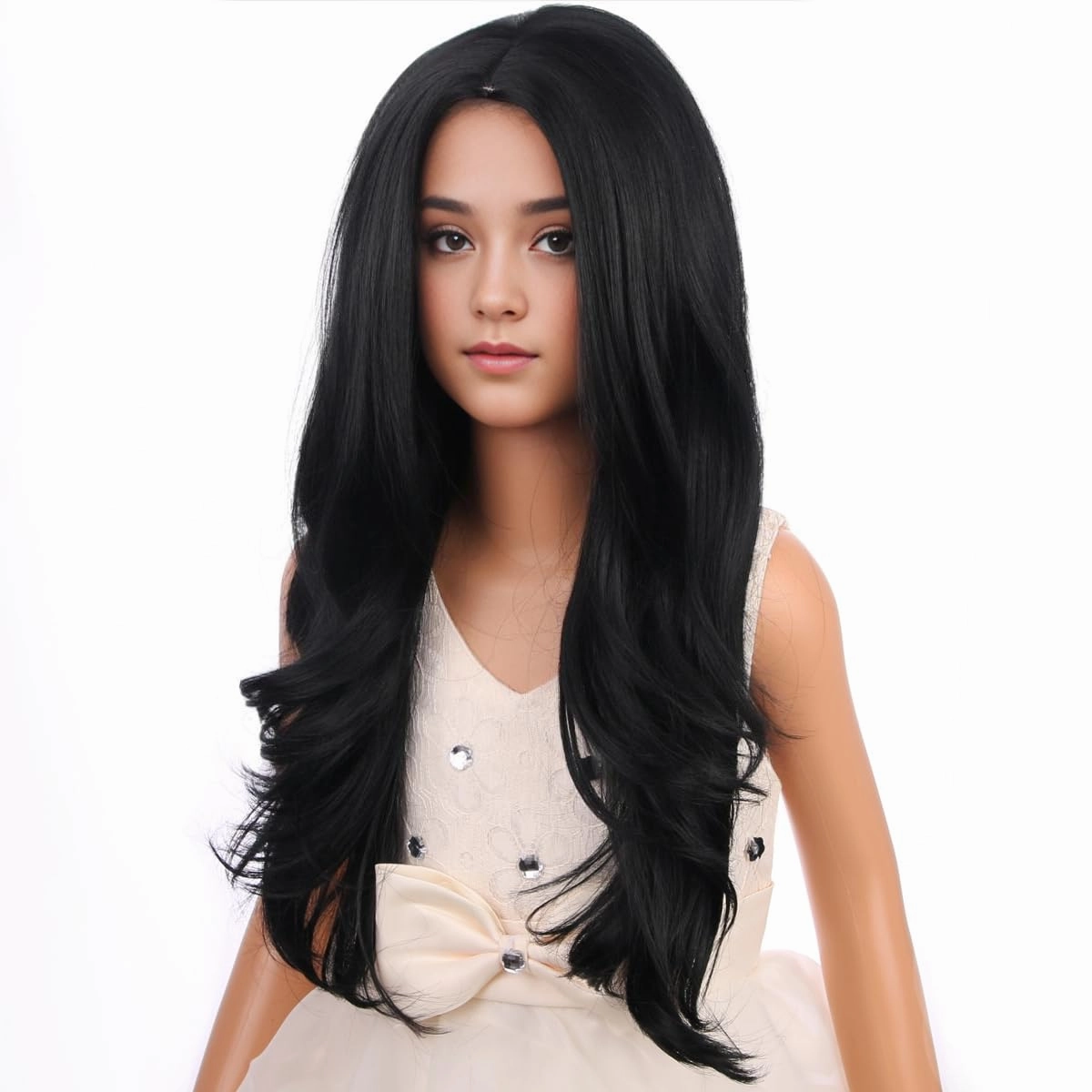 Child Kids Black Wig Long Wavy Black Wig for Kids Girls Long Synthetic Wig with Wig Cap