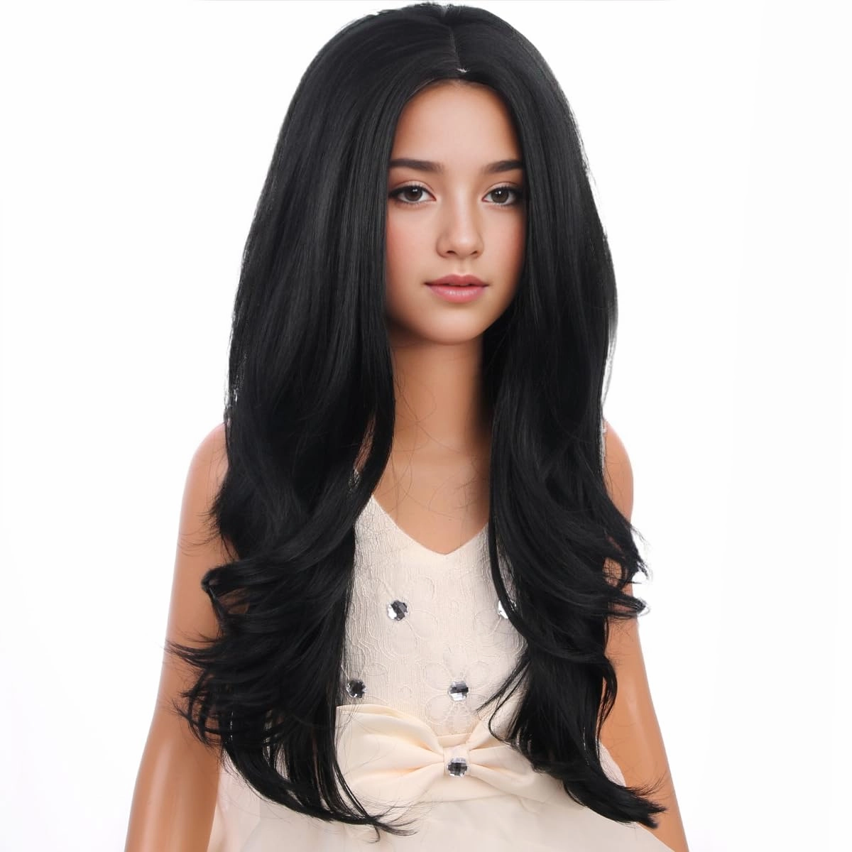 Child Kids Black Wig Long Wavy Black Wig for Kids Girls Long Synthetic Wig with Wig Cap