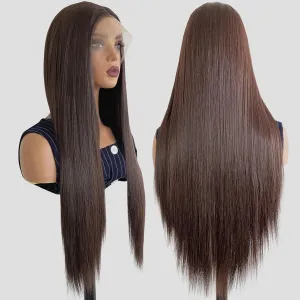 Chocolate Brown Synthetic Lace Front Wig Glueless 13x4 HD Lace Front Wigs Pre Plucked Long Straight Synthetic Wigs for Black Women Ready to Wear Natural Looking 26inch