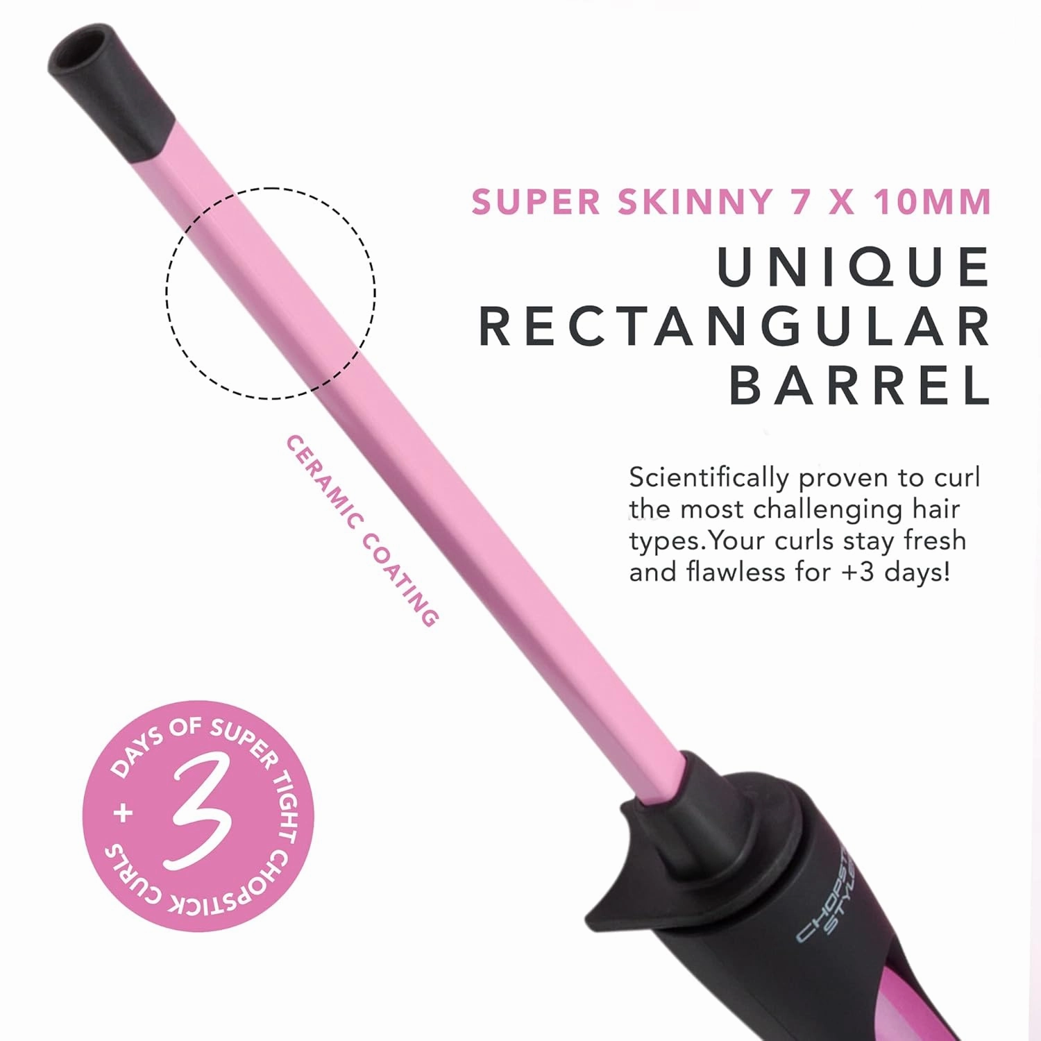 CHOPSTICK STYLER Heroine Professional Curling Wand, 3/8 Super Skinny Rectangular Ceramic Barrel for Tight, Natural, Ringlet Long Lasting Chopstick Curls - Curler for Long & Short Hair